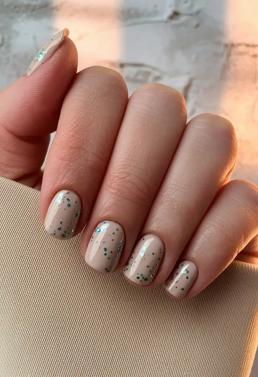 Trendy Early Fall Nails Ideas 2025 Nude with Subtle Glitter Specks