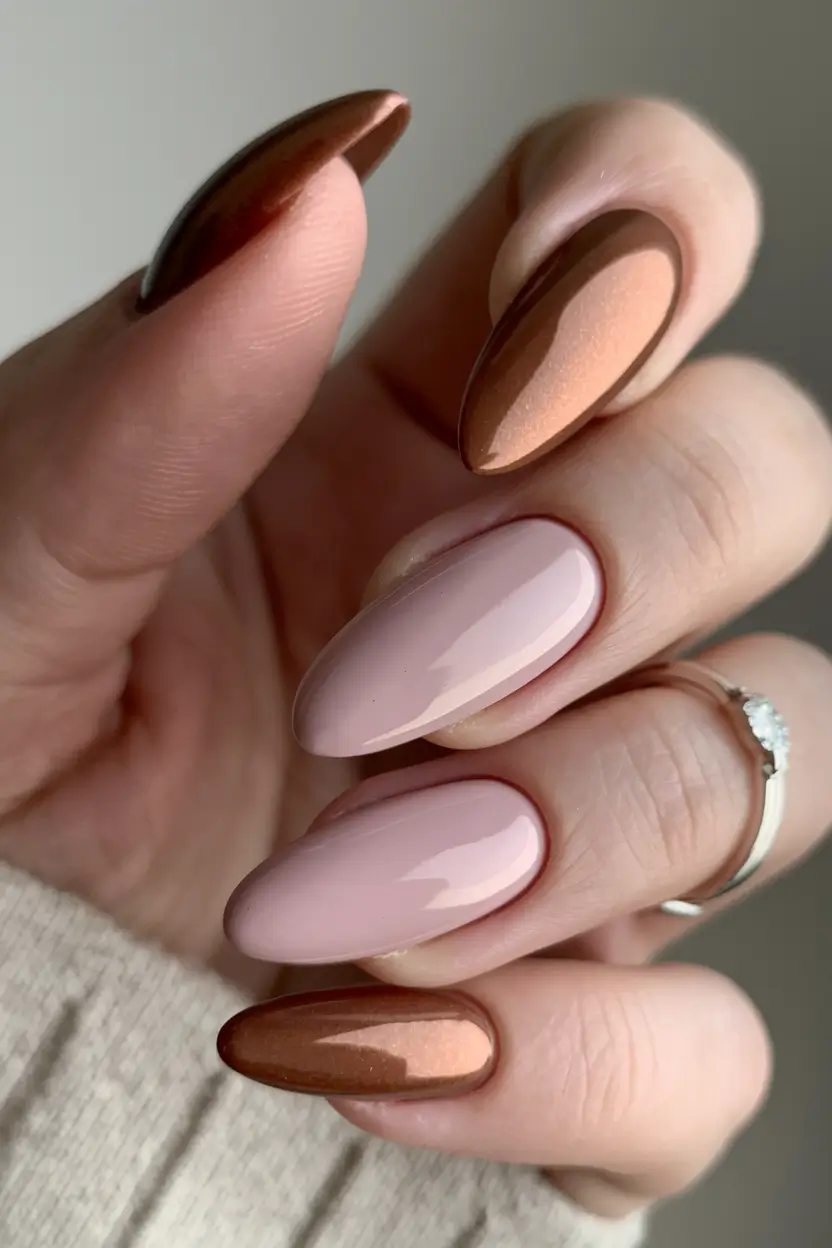 Trendy Early Fall Nails Ideas 2025 Glossy Copper and Blush Contrast