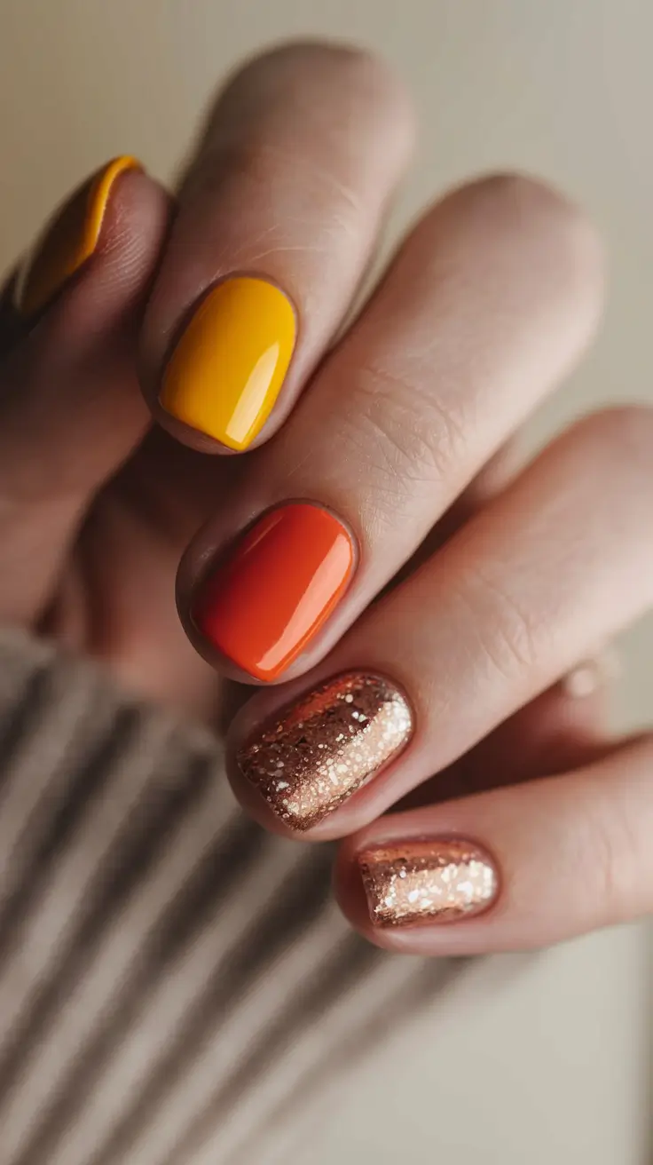 Trendy Early Fall Nails Ideas 2025 Sunset Yellow, Orange, and Copper Glitter