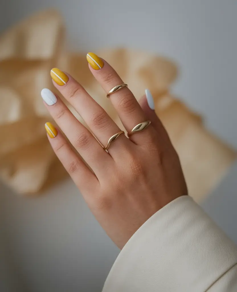 Trendy Early Fall Nails Ideas 2025 Golden Yellow and White Duo