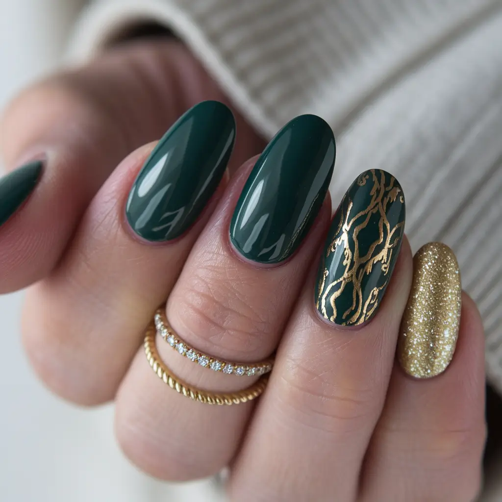 Trendy Early Fall Nails Ideas 2025 Forest Green and Gold Luxury