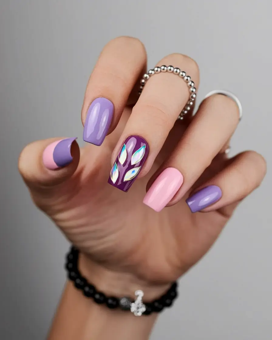 Trendy Early Fall Nails Ideas 2025 Purple and Pink with Crystal Details