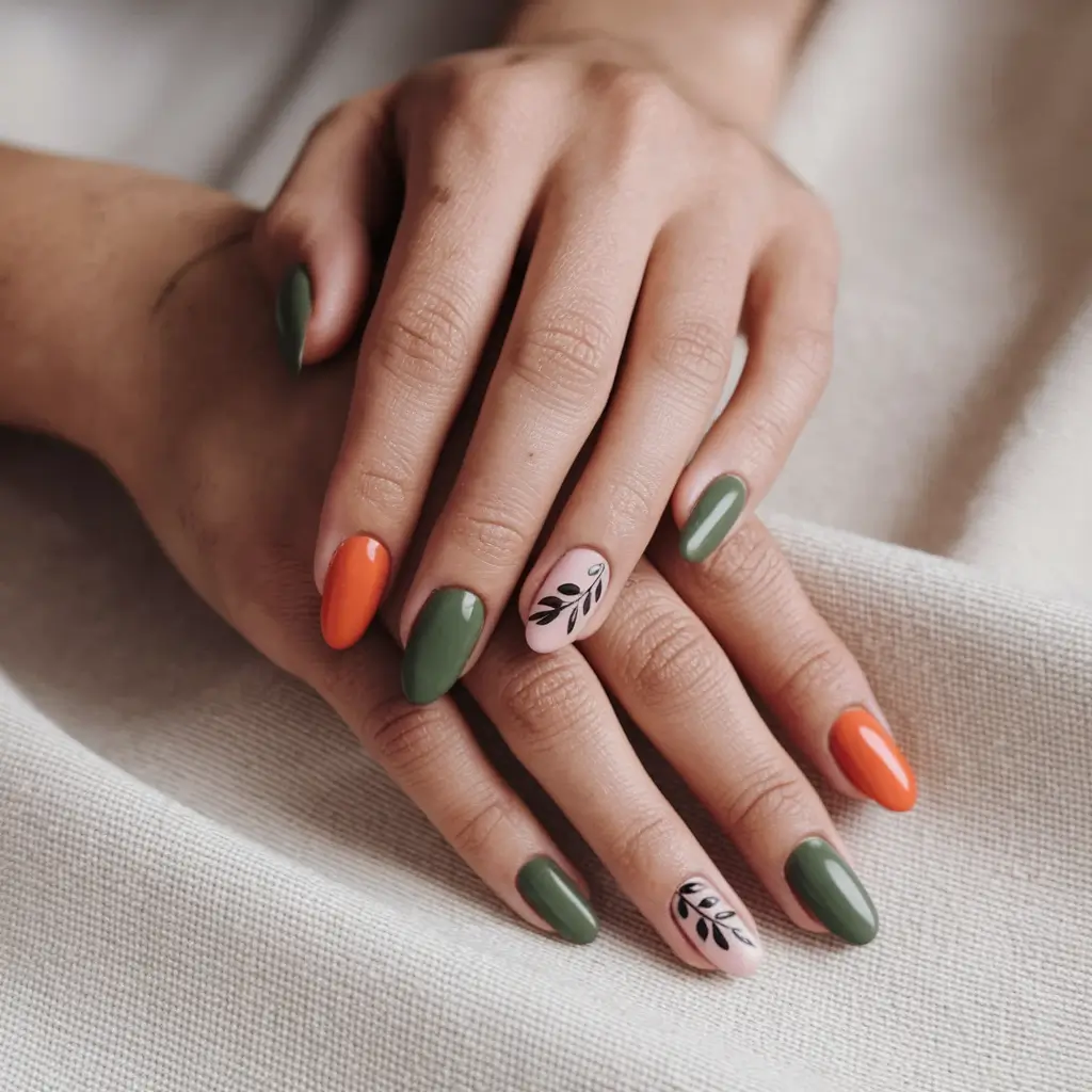 Trendy Early Fall Nails Ideas 2025 Olive Green and Burnt Orange Harmony