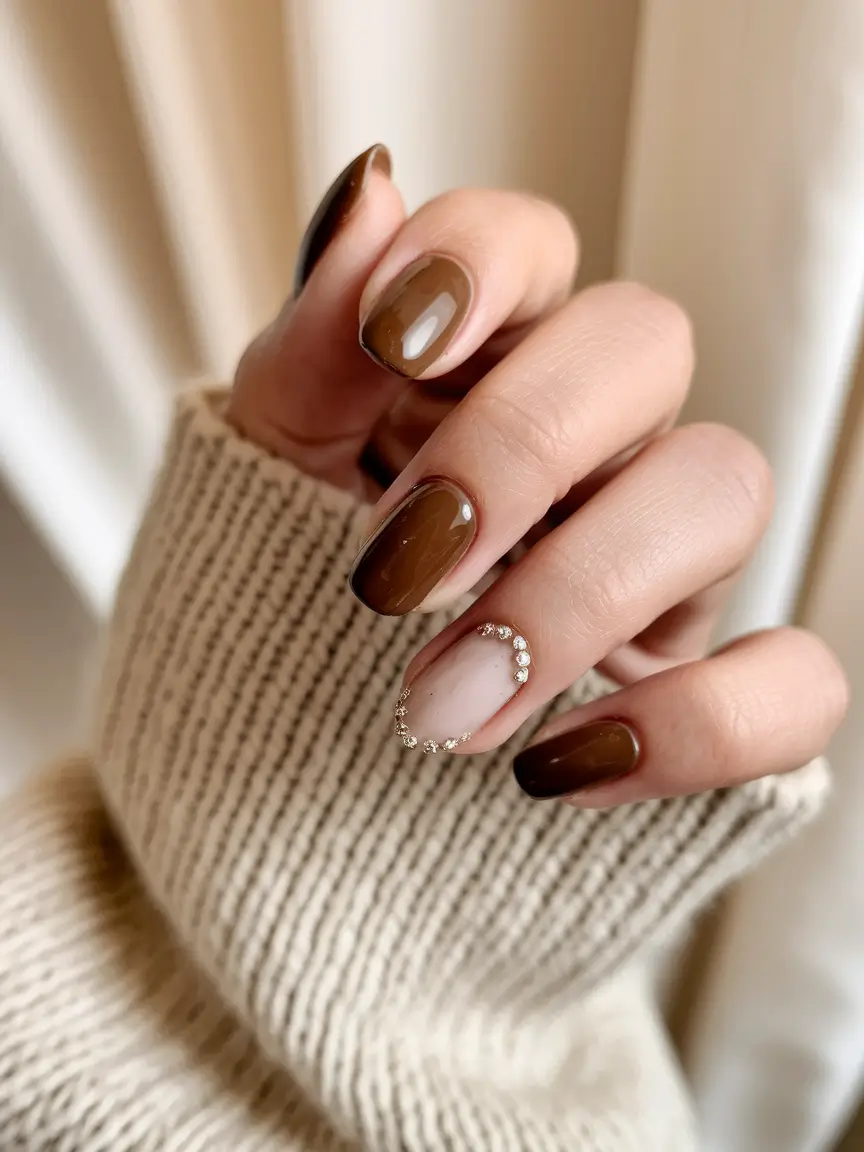 Trendy Early Fall Nails Ideas 2025 Chocolate Brown with Crystal Accent
