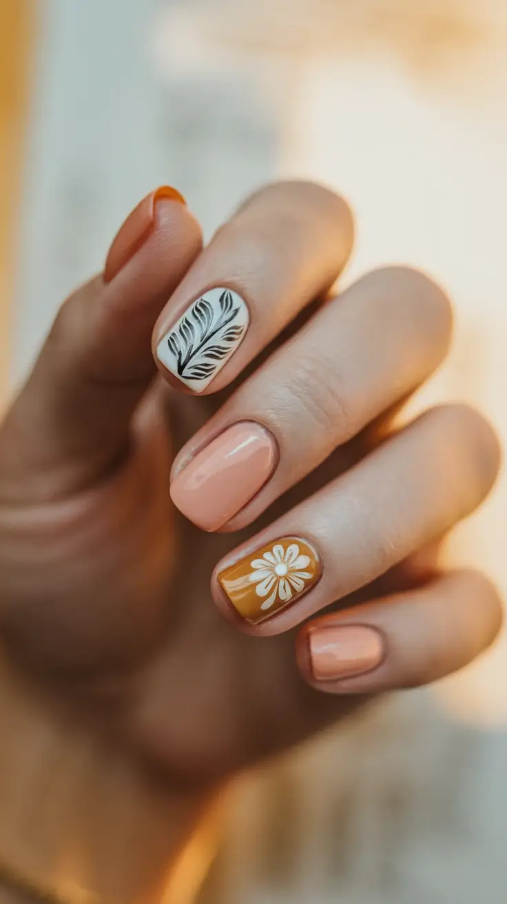Trendy Early Fall Nails Ideas 2025 Peachy Neutrals with Botanical Touch