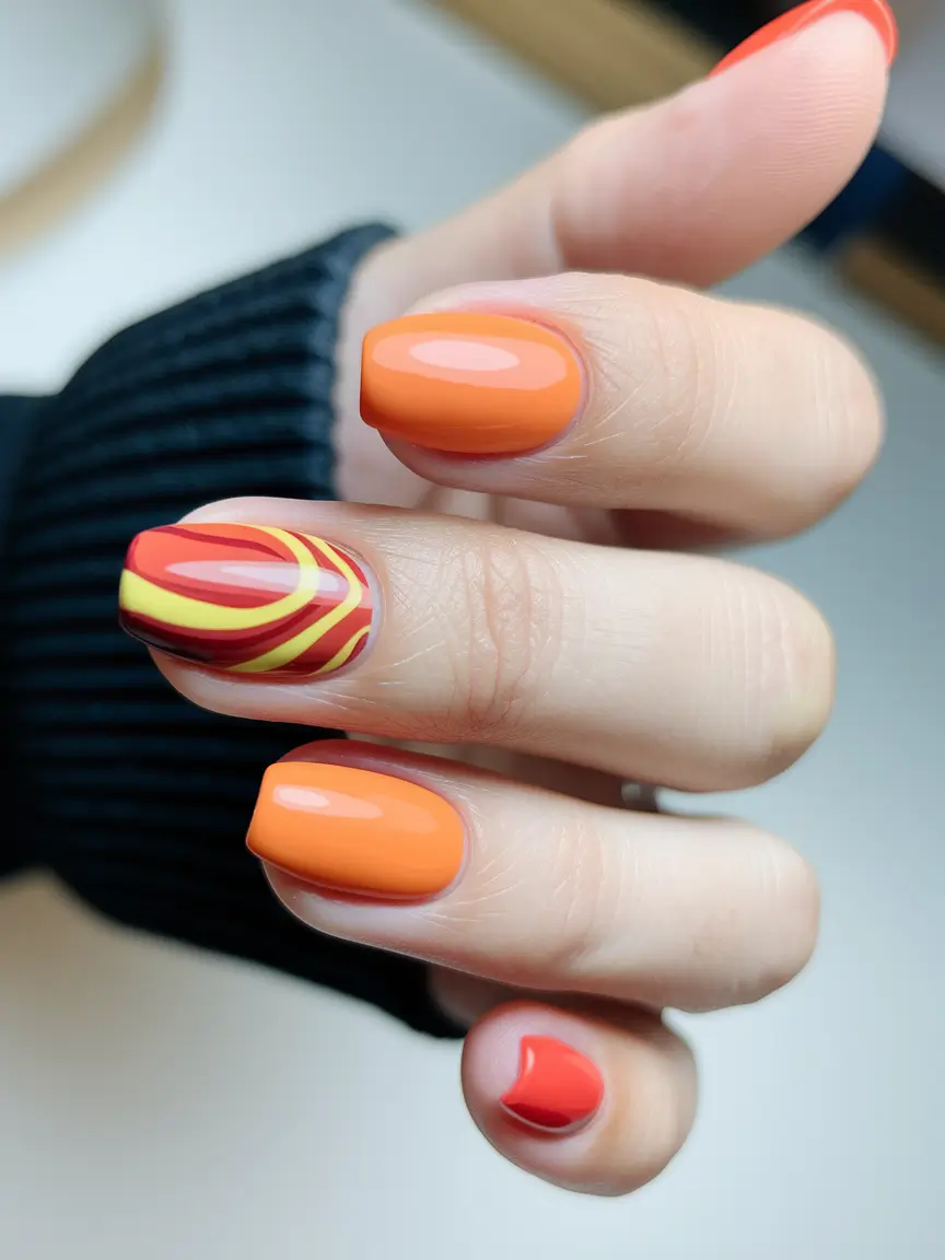 Trendy Fall Nail Colors - New Shades 2025 Bold Orange With Artistic Accents