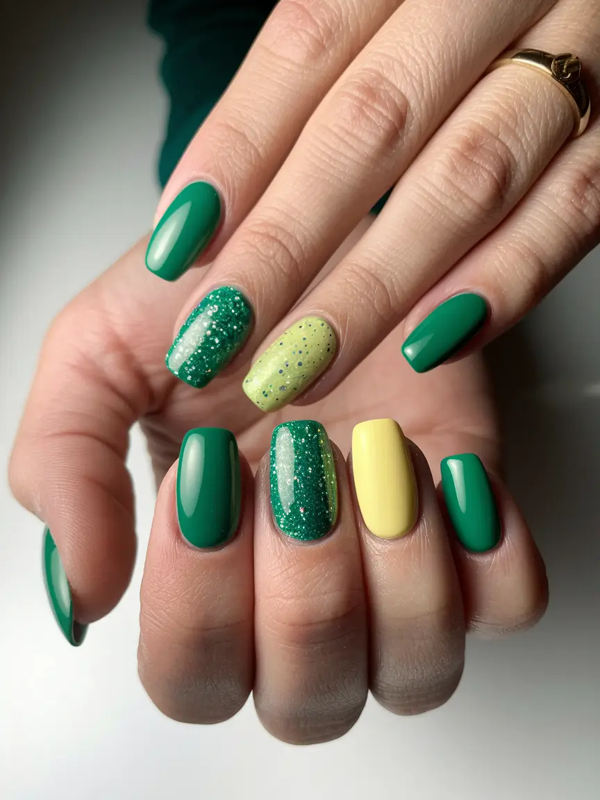 Trendy Fall Nail Colors - New Shades 2025 Green Sparkle Mix