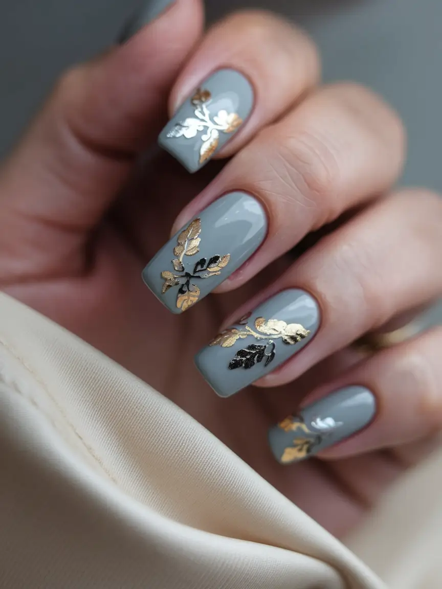 Trendy Fall Nail Colors - New Shades 2025 Grey With Metallic Leaves