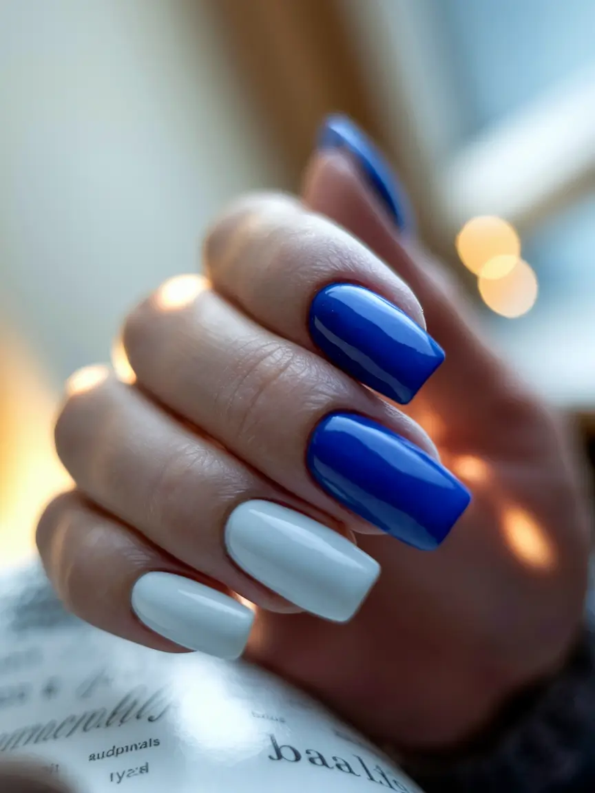 Trendy Fall Nail Colors - New Shades 2025 Blue and White Contrast