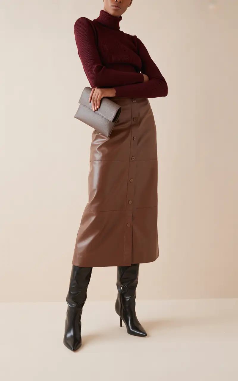 classy winter outfits ideas 2025-2026 Leather Skirt & Burgundy Turtleneck Sophistication
