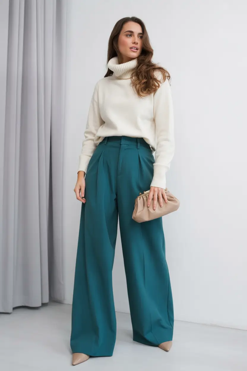 classy winter outfits ideas 2025-2026 Emerald Trousers with Cream Knit Elegance