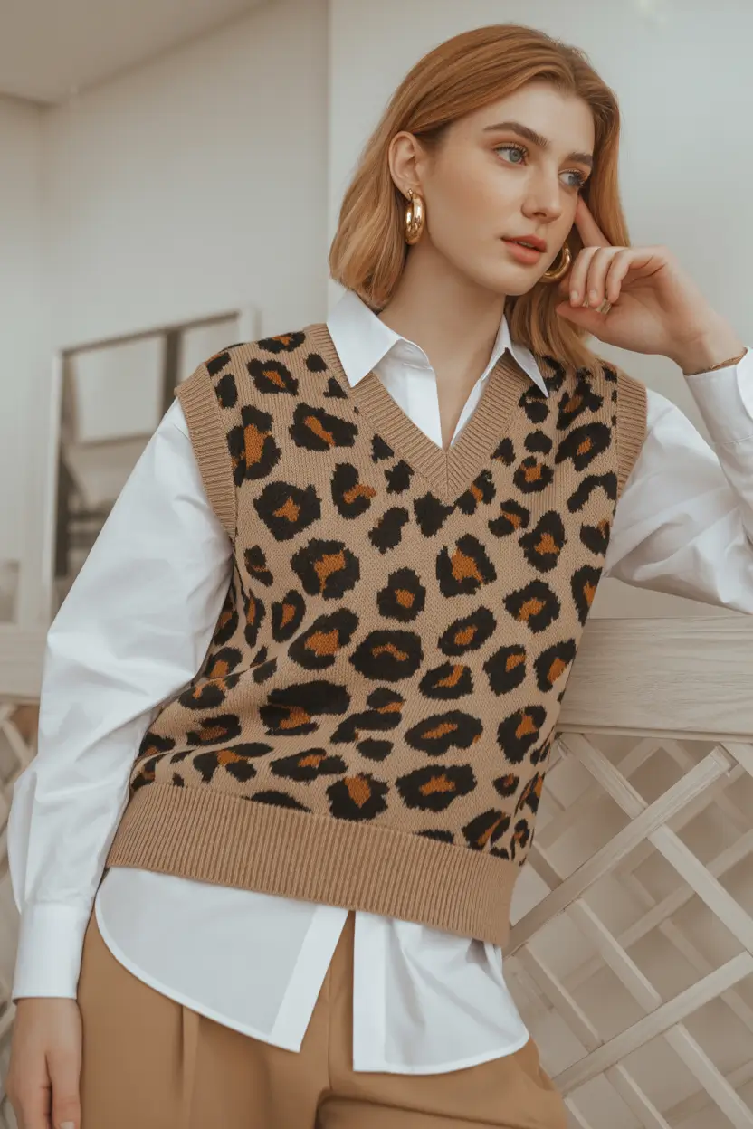 classy winter outfits ideas 2025-2026 Leopard Print Vest Revival