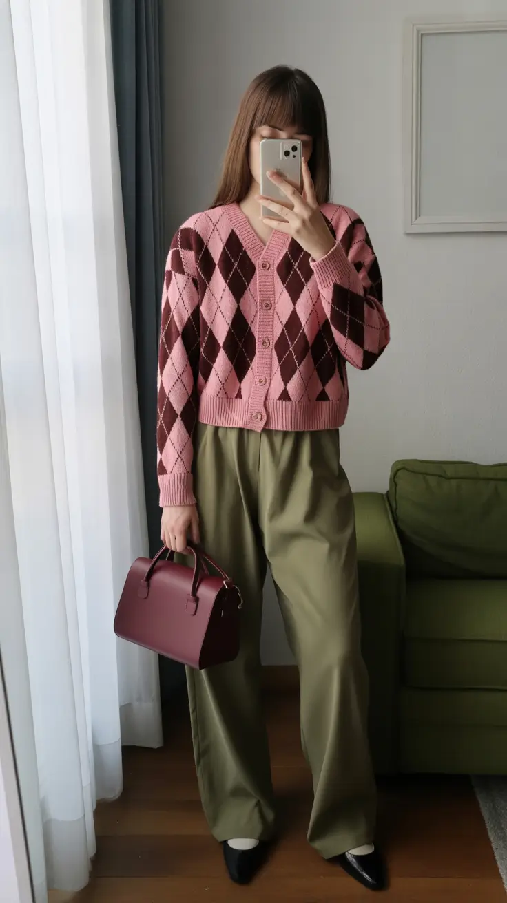 classy winter outfits ideas 2025-2026 Playful Argyle in Pink