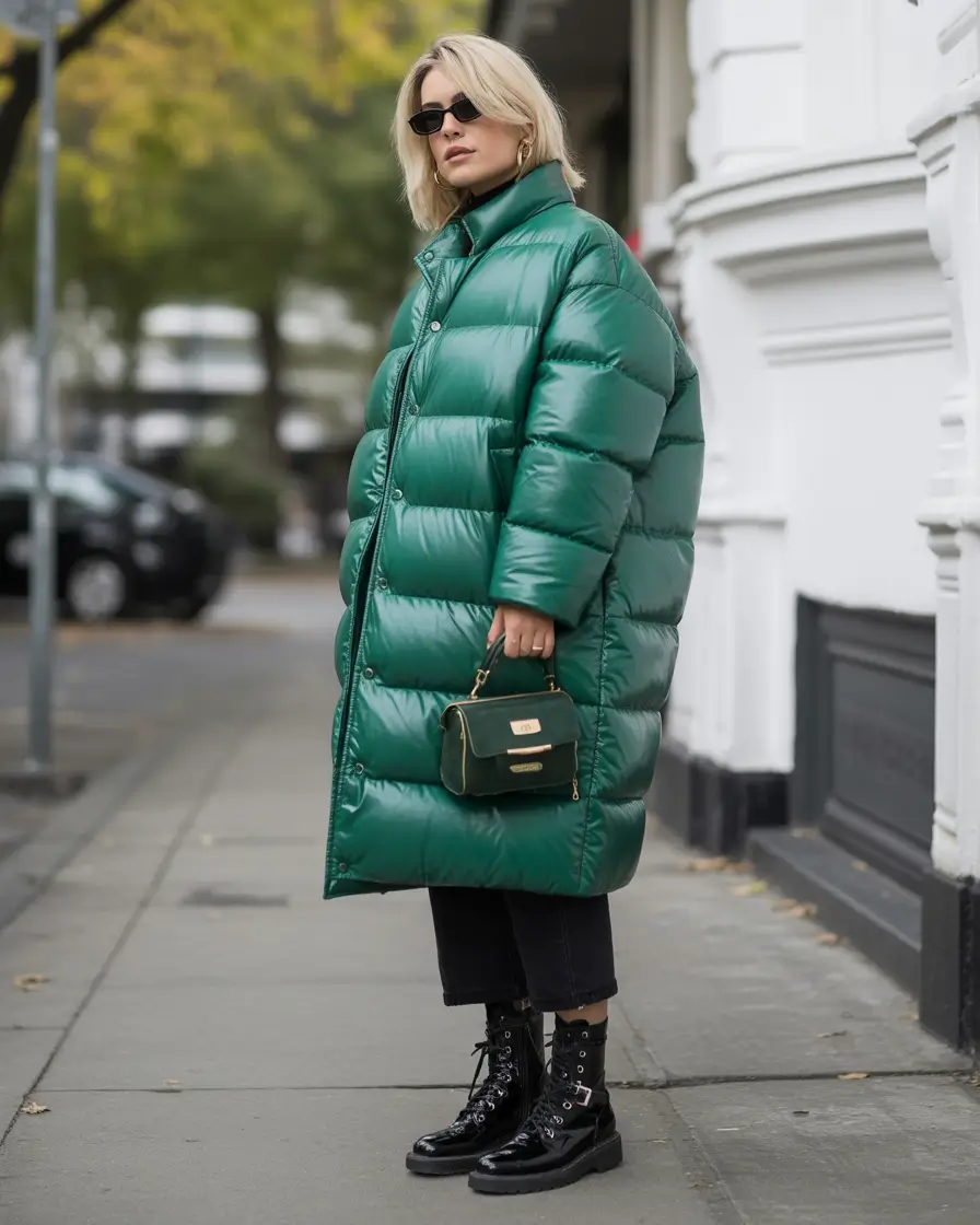 classy winter outfits ideas 2025-2026 Emerald Puffer Elegance
