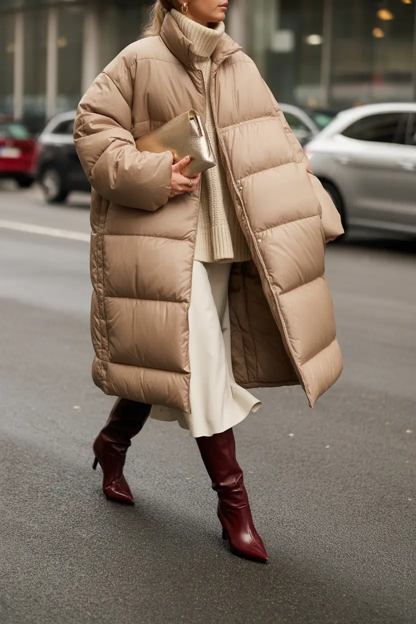 classy winter outfits ideas 2025-2026 Neutral Puffer with Bordeaux Boots