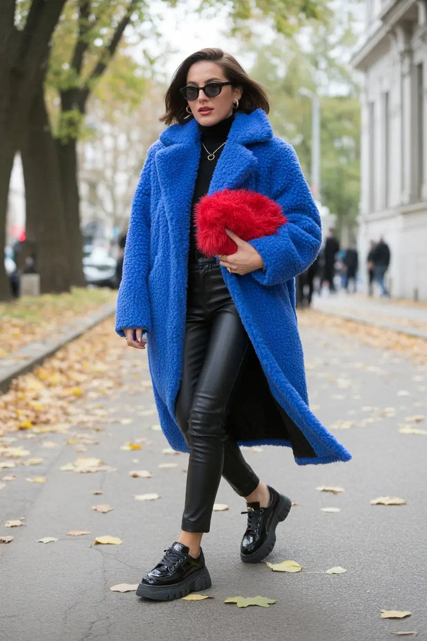 classy winter outfits ideas 2025-2026 Electric Blue Coat with Red Accent