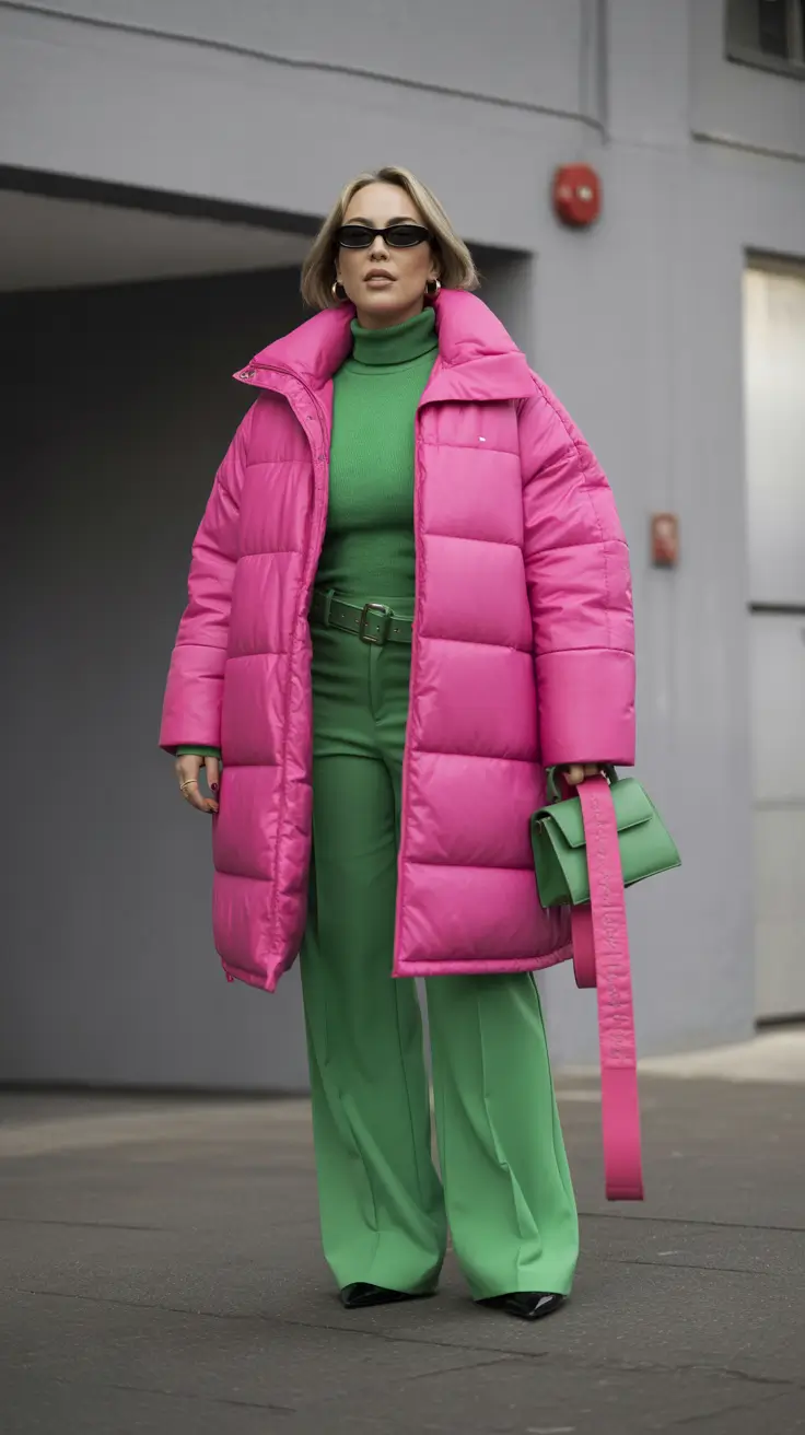 classy winter outfits ideas 2025-2026 Vibrant Color Clash Pink & Green Statement