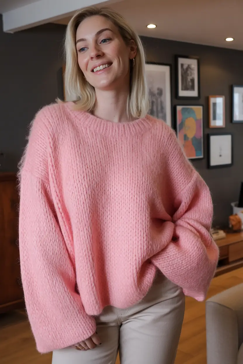 comfy winter outfits ideas 2025 2026 Pink Knit That Feels Like a Hug