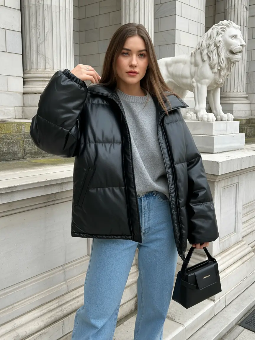 comfy winter outfits ideas 2025 2026 Black Puffer Minimalism