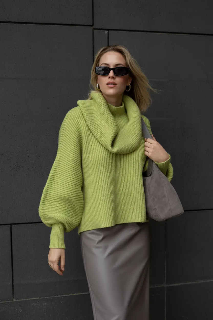 comfy winter outfits ideas 2025 2026 Lime Knit With Sleek Edge