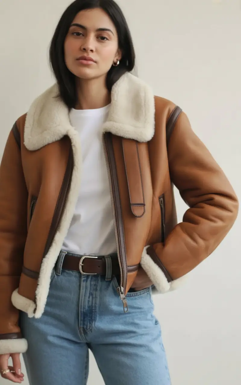 comfy winter outfits ideas 2025 2026 Classic Shearling Aviator