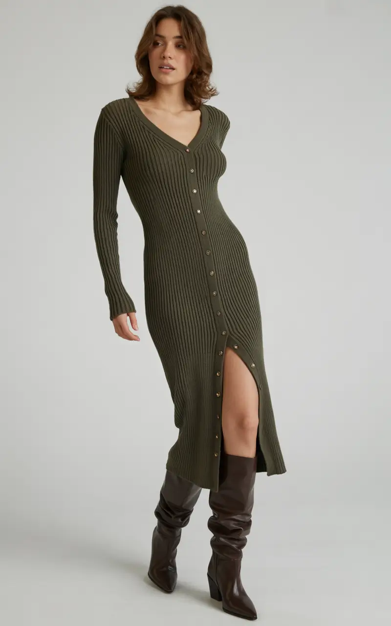 comfy winter outfits ideas 2025 2026 Ribbed Knit Dress Energy