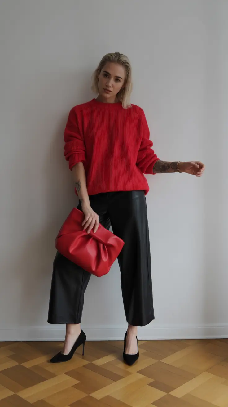 comfy winter outfits ideas 2025 2026 Red Knit Boldness