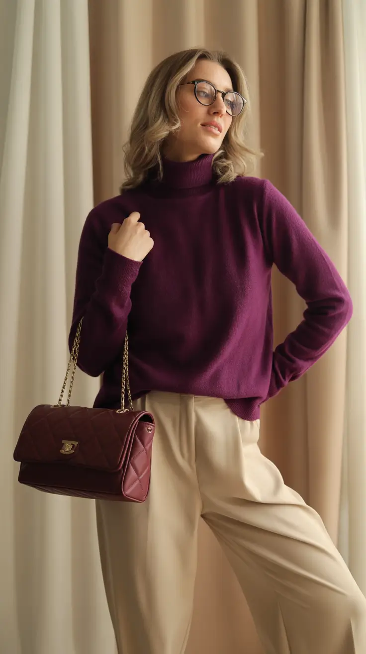 comfy winter outfits ideas 2025 2026 Plum Turtleneck Elegance