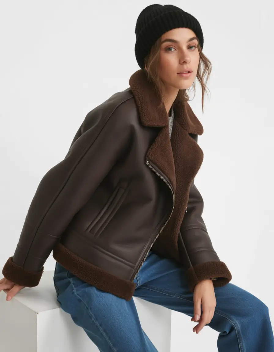 comfy winter outfits ideas 2025 2026 Chocolate Shearling Jacket