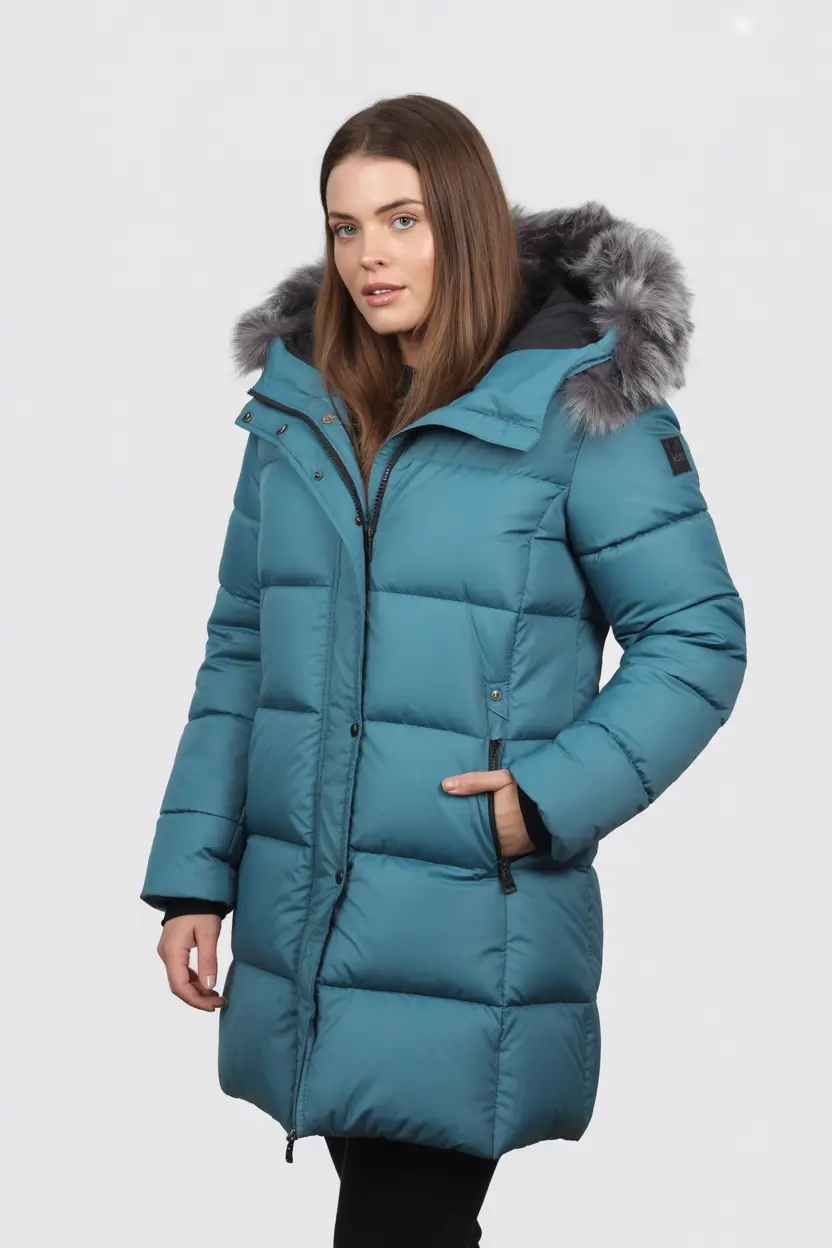 comfy winter outfits ideas 2025 2026 Teal Puffer With Faux Fur Hood
