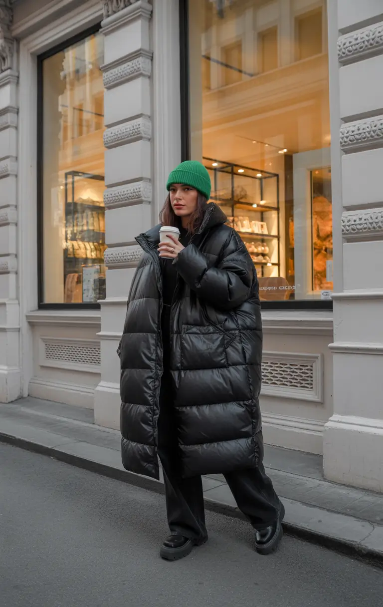 comfy winter outfits ideas 2025 2026 Oversized Black Puffer Street Style