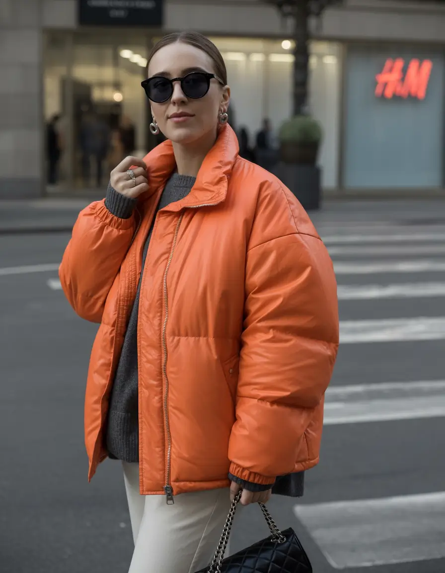comfy winter outfits ideas 2025 2026 Bright Orange Puffer Pop