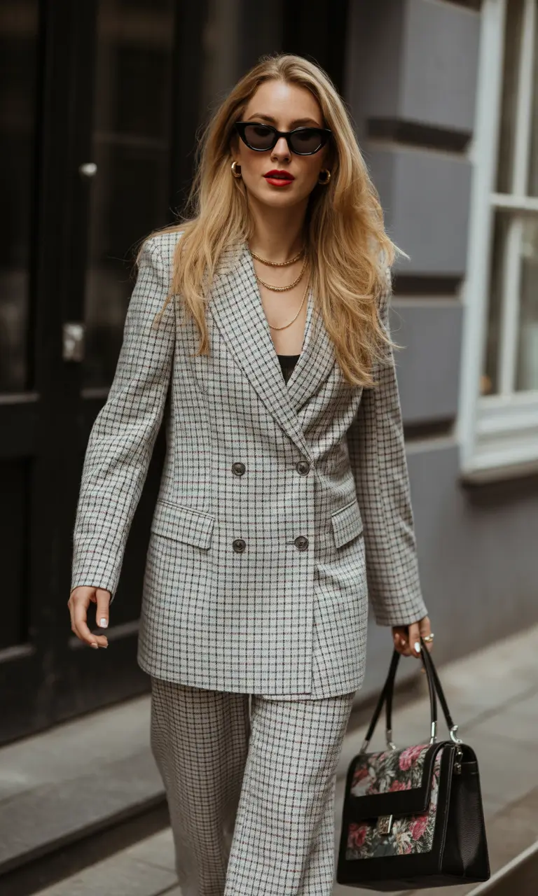 comfy winter outfits ideas 2025 2026 Tailored Check Suit Power