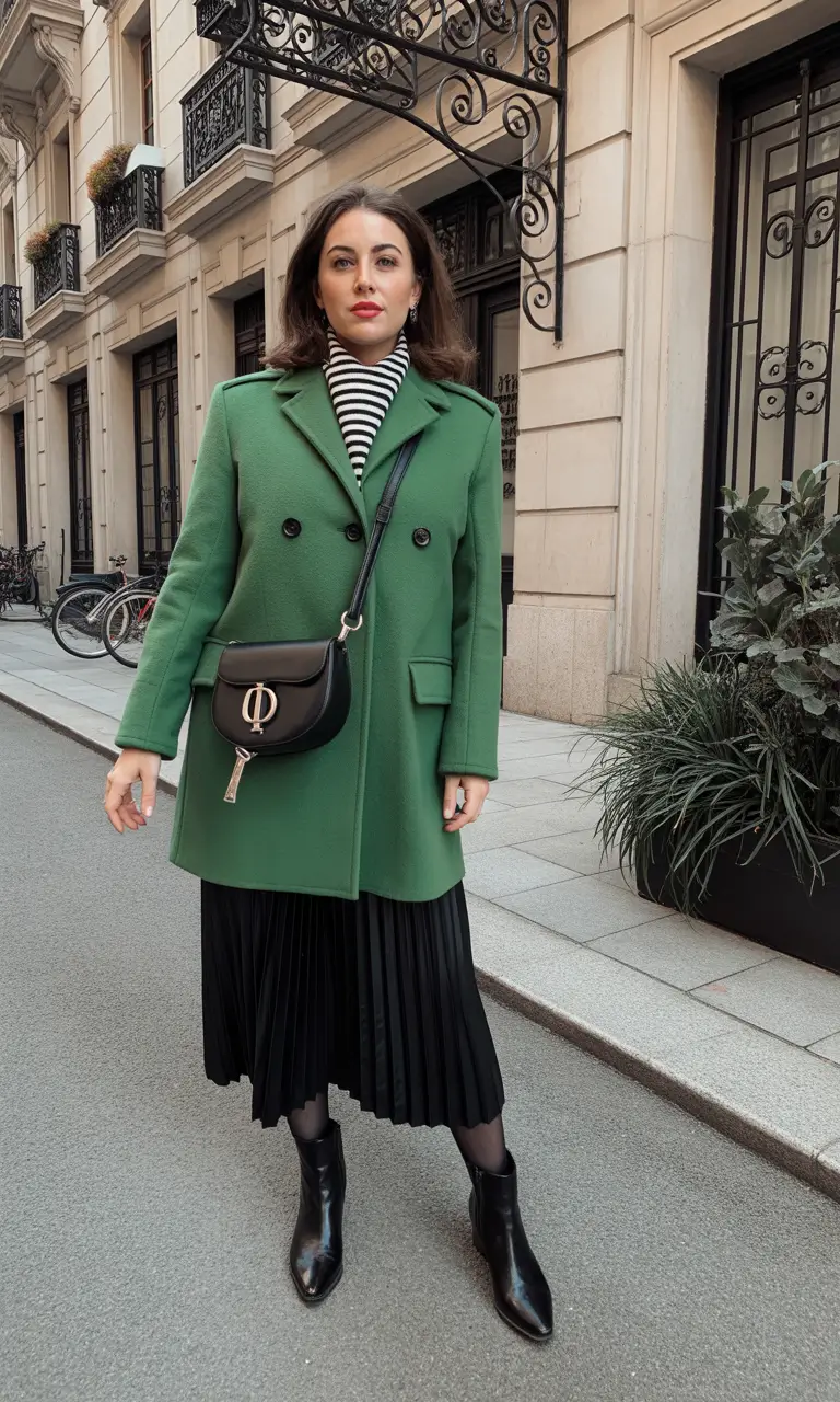 comfy winter outfits ideas 2025 2026 Green Coat With Parisian Edge