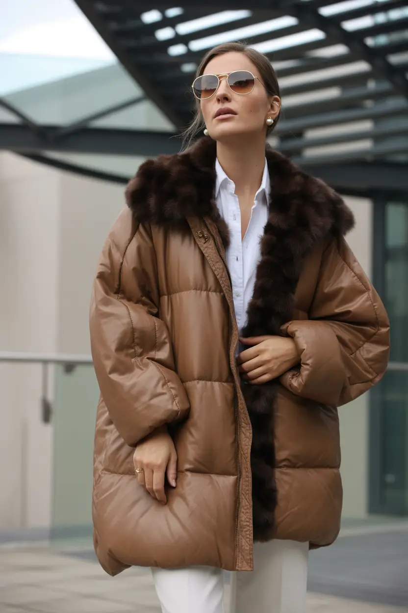 comfy winter outfits ideas 2025 2026 Brown Puffer With Luxe Fur Trim