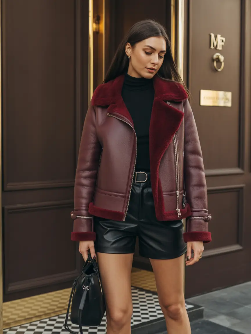 comfy winter outfits ideas 2025 2026 Burgundy Shearling Biker Jacket