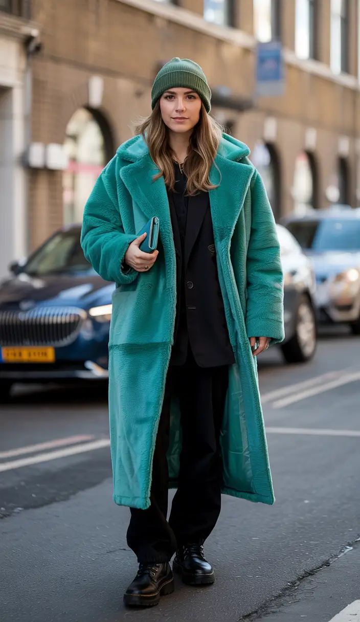 Early Winter Fashion Outfits 2025 Bold Teal Outerwear