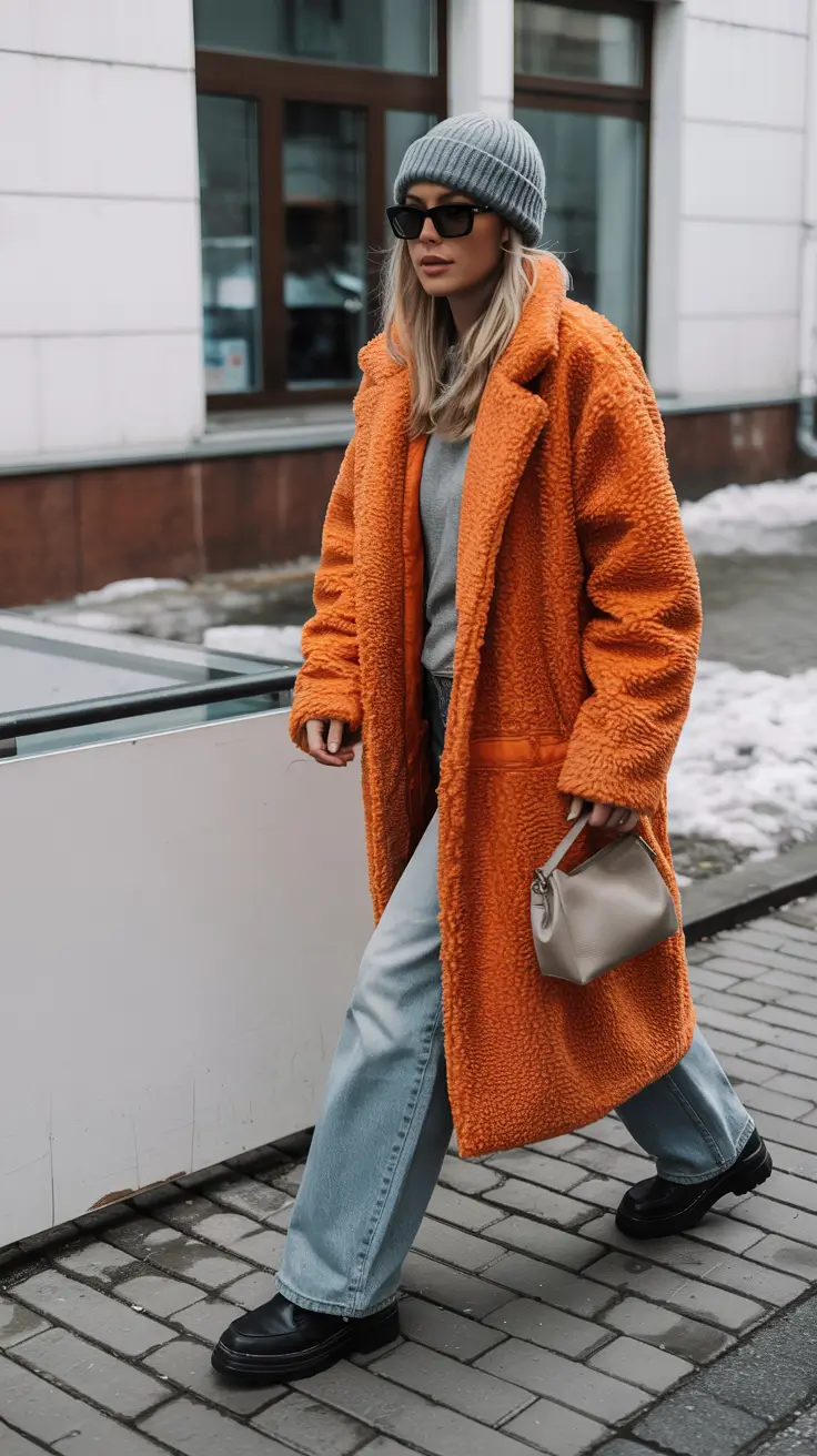 Early Winter Fashion Outfits 2025 Vivid Orange Teddy Coat