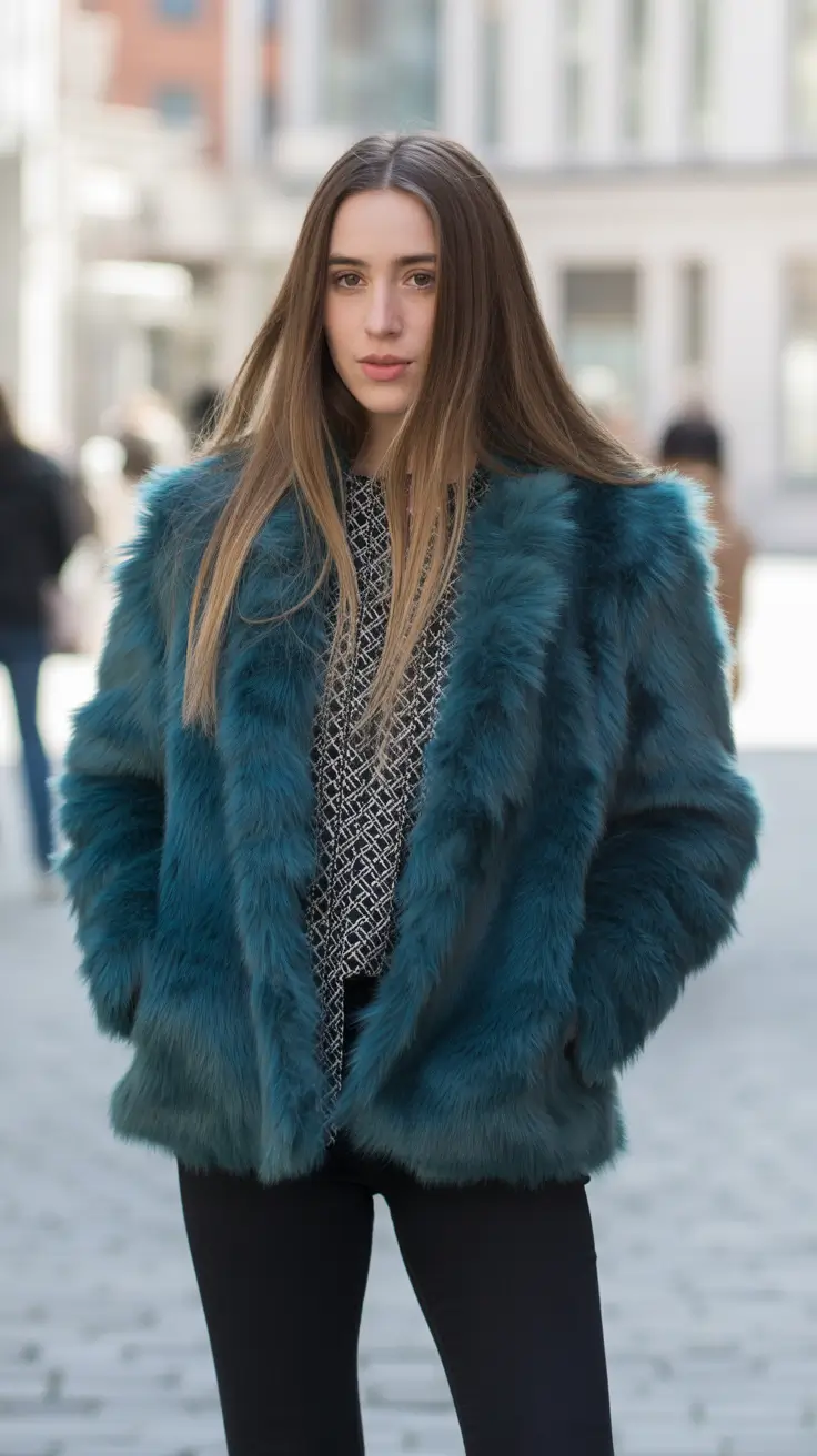 Everyday Cozy Outfits for Winter 2025 / 2026 Teal Faux-Fur Statement