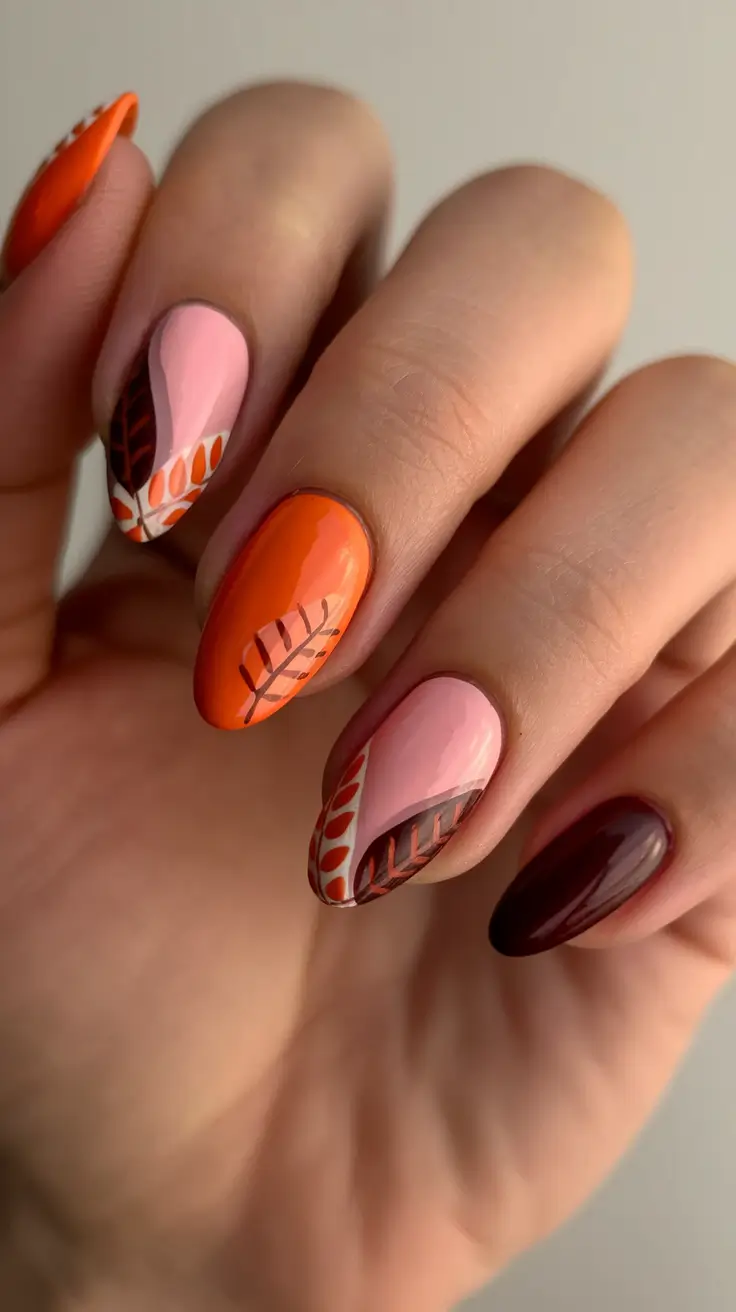 Fall Nail design for November 2025 Falling Leaves Nail Art