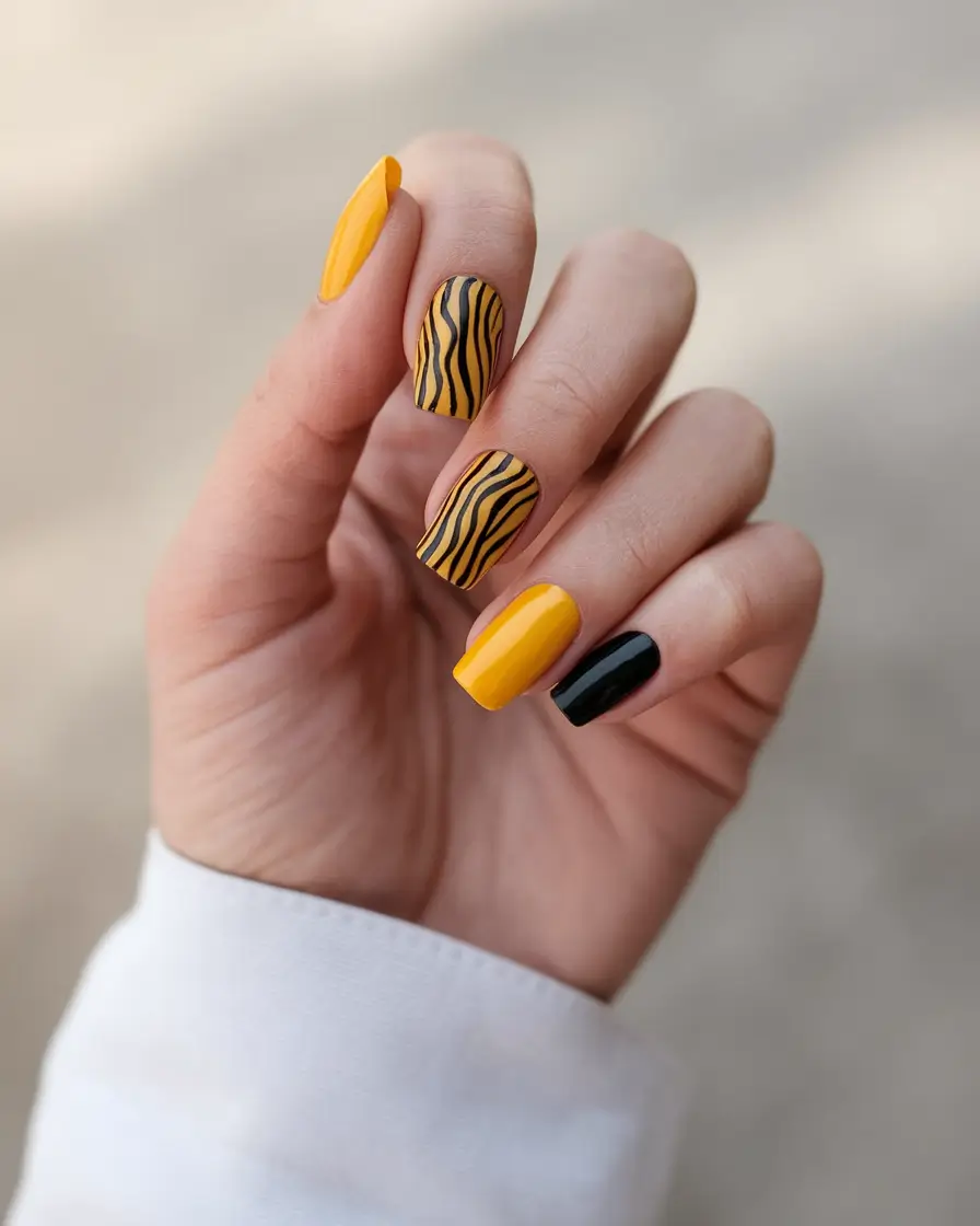Fall Nail design for November 2025 Golden Safari Stripes