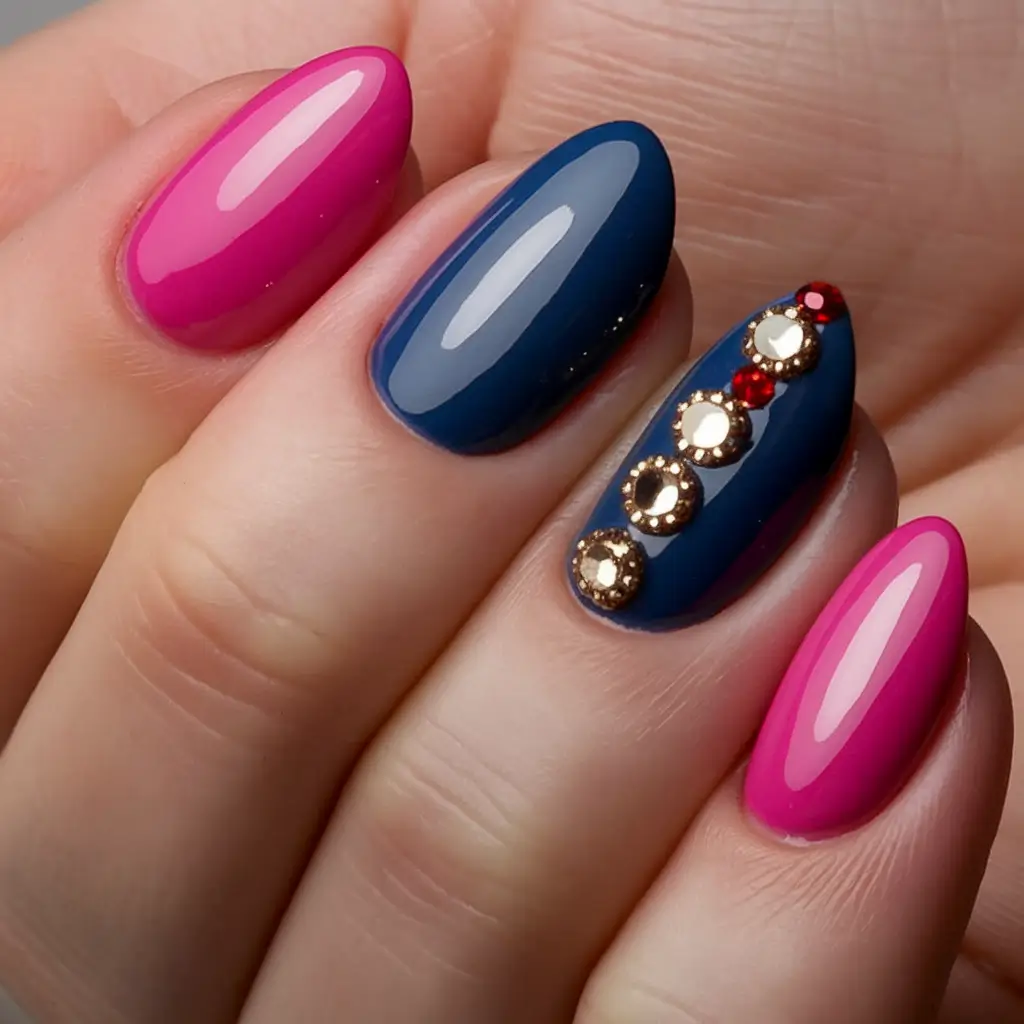 Fall Nail design for November 2025 Playful Pink and Blue Accent
