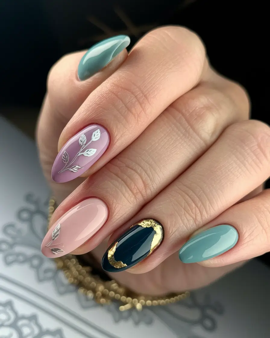 Fall Nail design for October 2025 Elegant Mix with Gold and Leaf Accents
