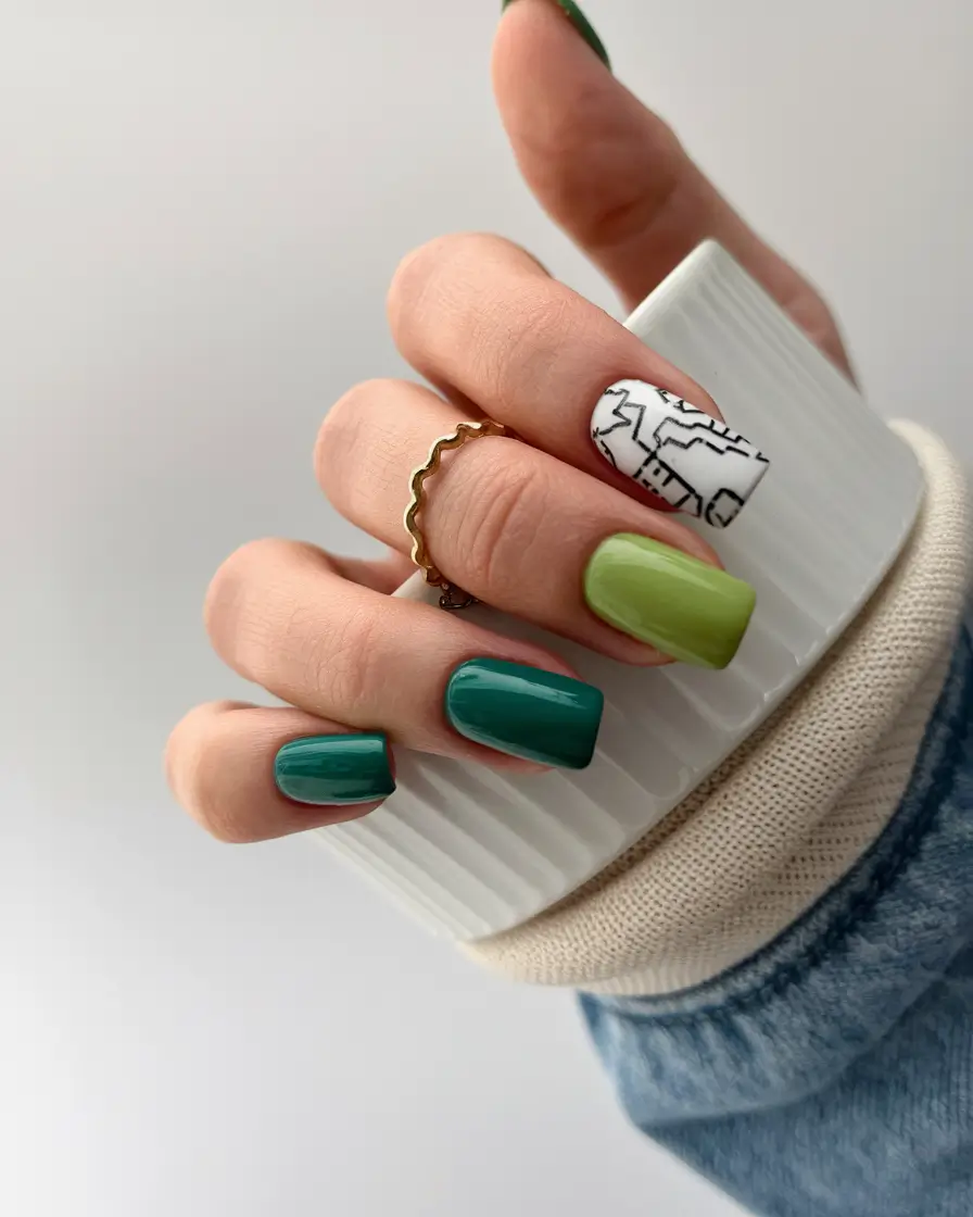 Fall Nail design for October 2025 Modern Green Gradient with Graphic Detail