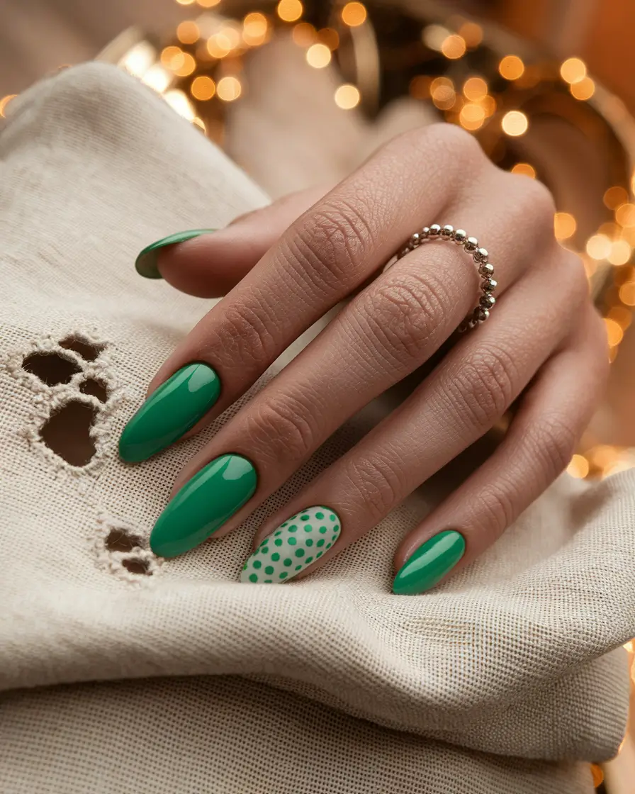 Fall Nail design for October 2025 Green Nails with Playful Polka Dots