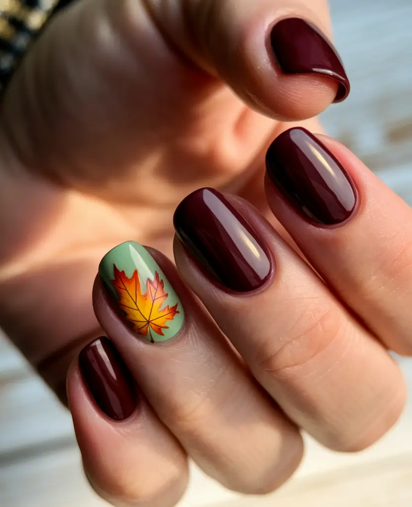 Fall Nail design for October 2025 Autumn Maple Leaf Accent