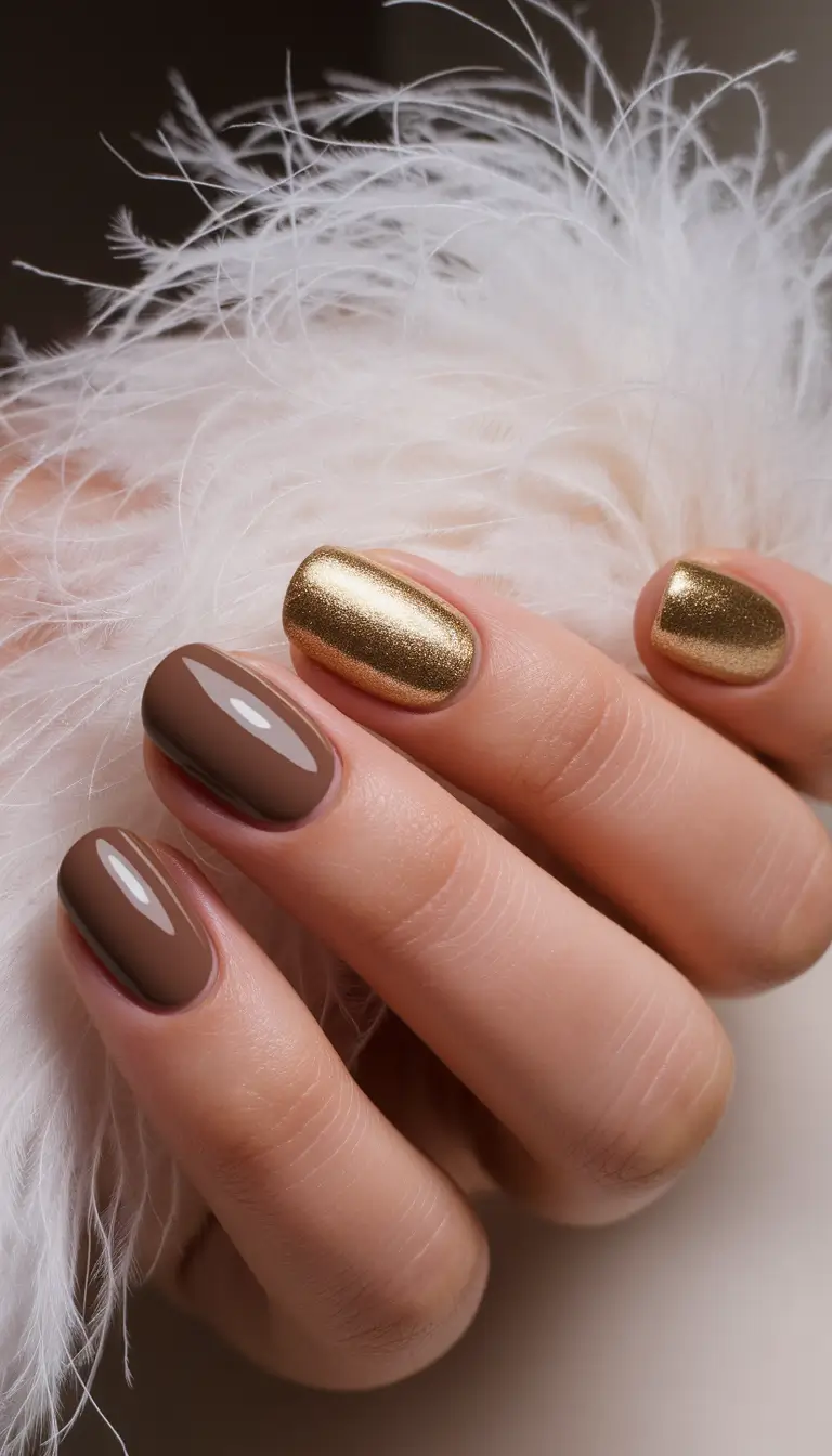 Fall Nail design for October 2025 Chocolate Brown and Gold Contrast