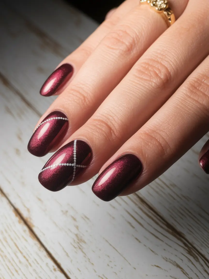 Fall Nail design for October 2025 Shimmering Burgundy with Cross Detail