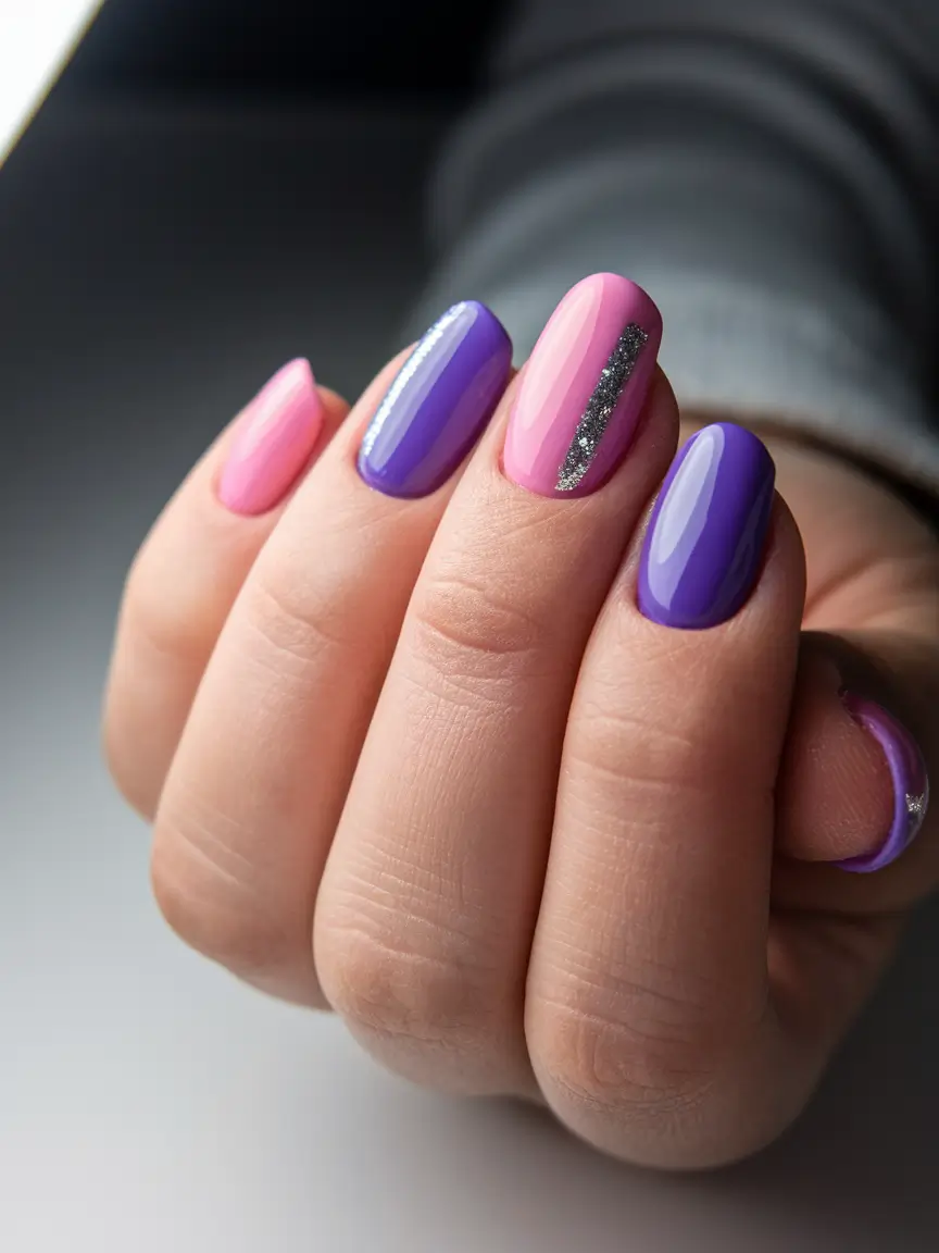 Fall Nail design for October 2025 Playful Pink and Purple Combo