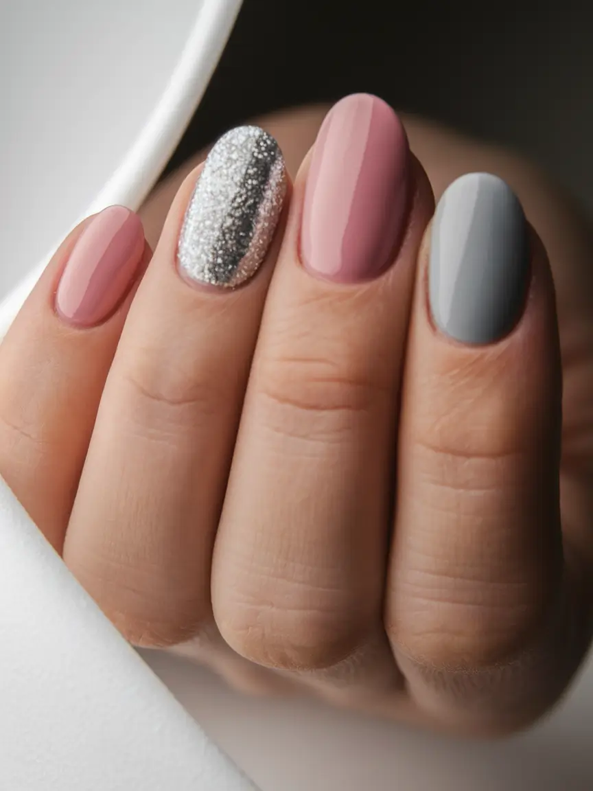 Fall Nail design for October 2025 Modern Neutral with Glitter Accent